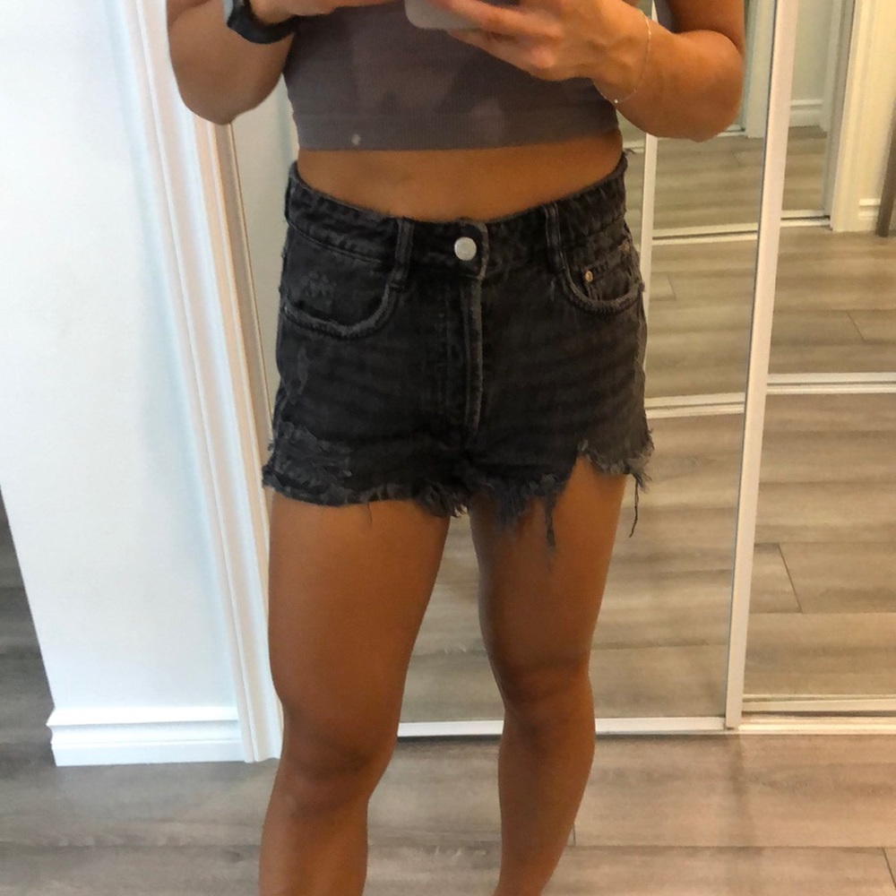 Dark wash distressed denim shorts